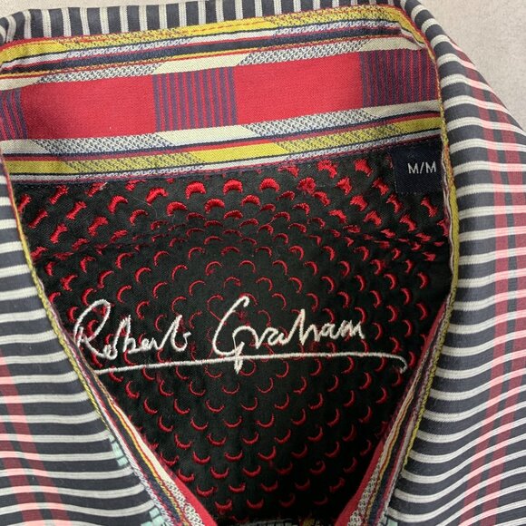 Robert Graham Mens Shirt Medium Black Red Blue Striped Pixel Pattern Button Up - Picture 4 of 11